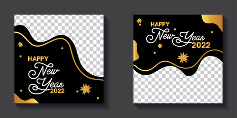 set of happy new year posting template. 2022 social media post template. golden new year greetings isolated black background
