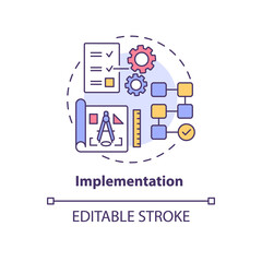 Implementation concept icon. New technological solutions integration. Plan execution. Project realization abstract idea thin line illustration. Vector isolated outline color drawing. Editable stroke