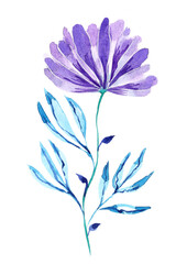 Postcard with branches, flowers and blue leaves.