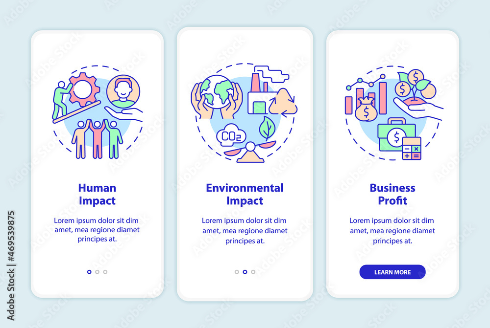 Poster social entrepreneurship success measurement onboarding mobile app page screen. walkthrough 5 steps g