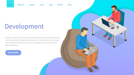 Software developing company team work together coding. Programmers writing code. Software developer office workplace desks. Team lead engineer teaching junior programmer indicates to him an error