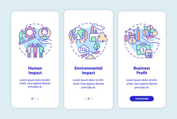 Social entrepreneurship success measurement onboarding mobile app page screen. Walkthrough 5 steps graphic instructions with concepts. UI, UX, GUI vector template with linear color illustrations