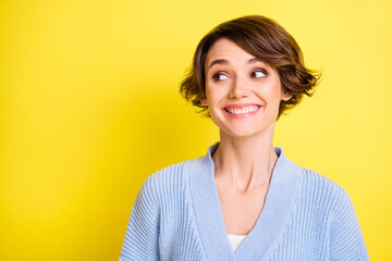 Photo of young attractive girl happy positive smile dream dreamy look empty space isolated over...