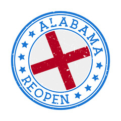 Alabama Reopening Stamp. Round badge of US State with the flag of Alabama. Reopening after lockdown sign. Vector illustration.