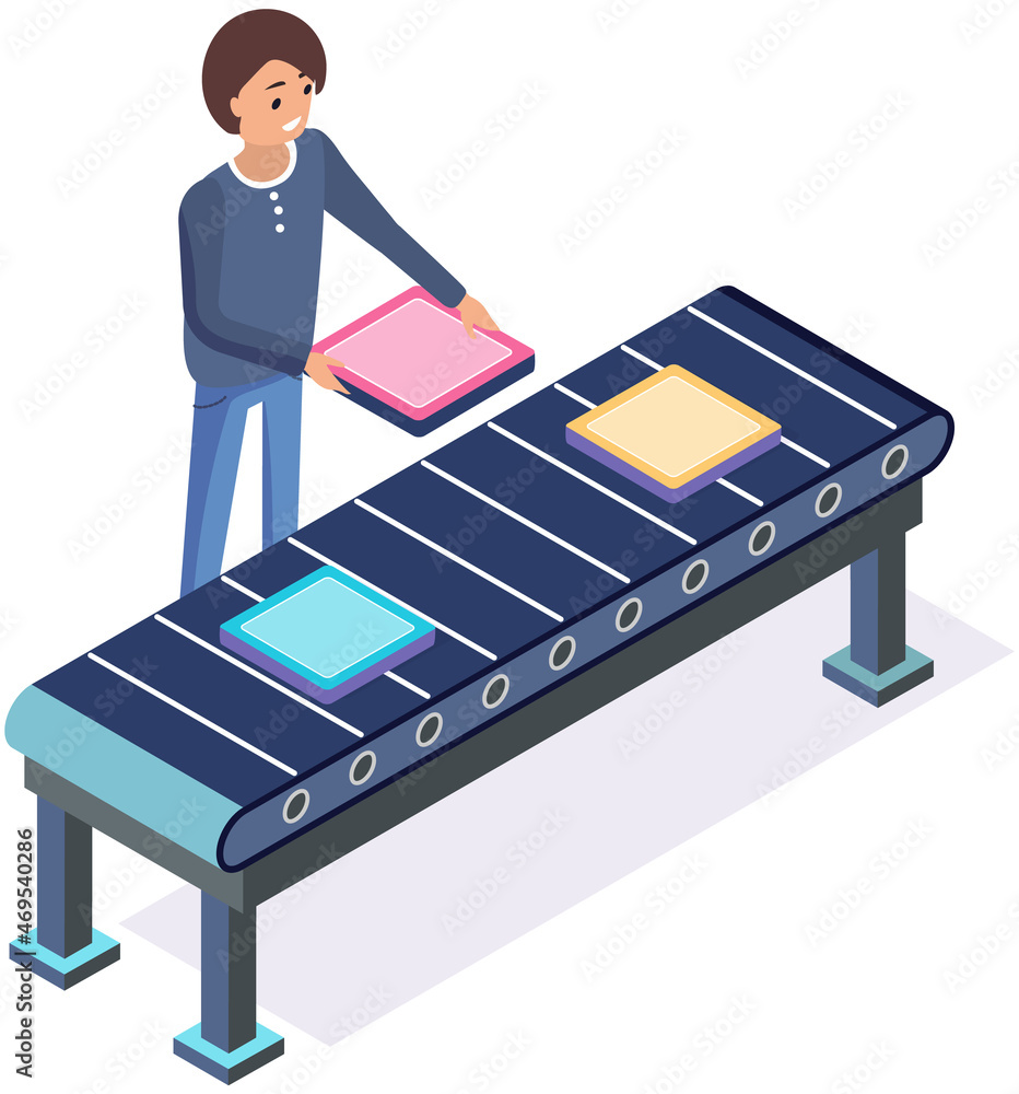 Poster man checks files passing on tape, program conveyor. developer analyzes icons, colored squares. conve