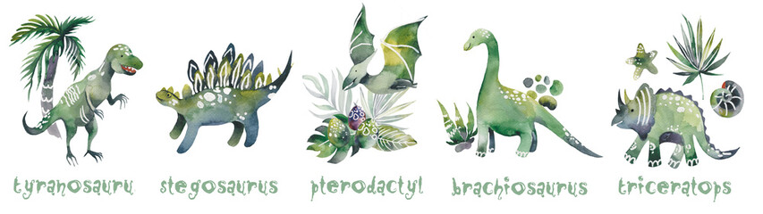Cute dinosaurs set isolated on white background. Collection of funny dino triceratops, stegosaurus Baby Dinosaur poster. Cute cartoon isolated illustration.