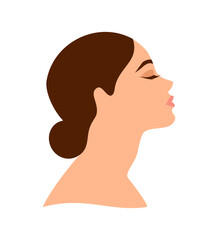 Portrait of a beautiful brown-haired woman with closed eyes on a white background. Side view. Flat vector illustration