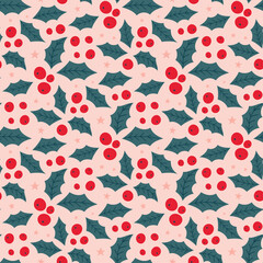 christmas winter seamless pattern with holly berries