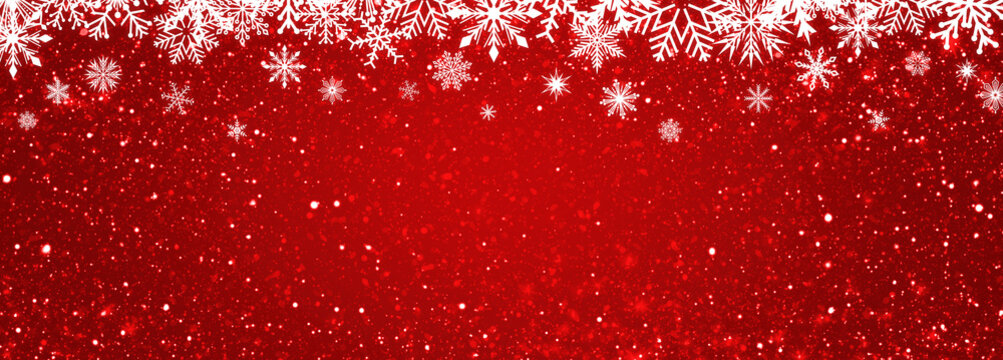 Frame with snowflakes on a snowy red gradient background. Festive New Year and Christmas banner