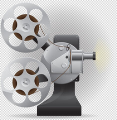 Cool retro movie projector with abstract light rays. Analog device cinema motion picture film projector with different film reels. Optical device for viewing still images, filmstrips, slides