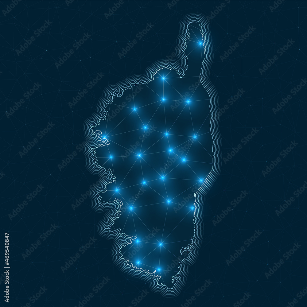 Poster corsica network map. abstract geometric map of the island. digital connections and telecommunication