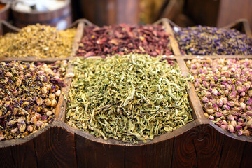 Various of dry herbs in a shop on the Dubai market