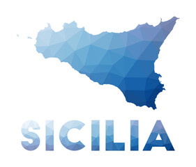Obraz premium Low poly map of Sicilia. Geometric illustration of the island. Sicilia polygonal map. Technology, internet, network concept. Vector illustration.
