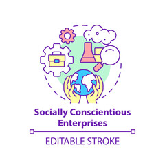 Fototapeta premium Socially conscientious enterprises concept icon. Social entrepreneurship focus abstract idea thin line illustration. Corporate responsibility. Vector isolated outline color drawing. Editable stroke