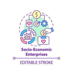 Socio economic enterprises concept icon. Social entrepreneurship focus abstract idea thin line illustration. Commercial organization. Charity. Vector isolated outline color drawing. Editable stroke