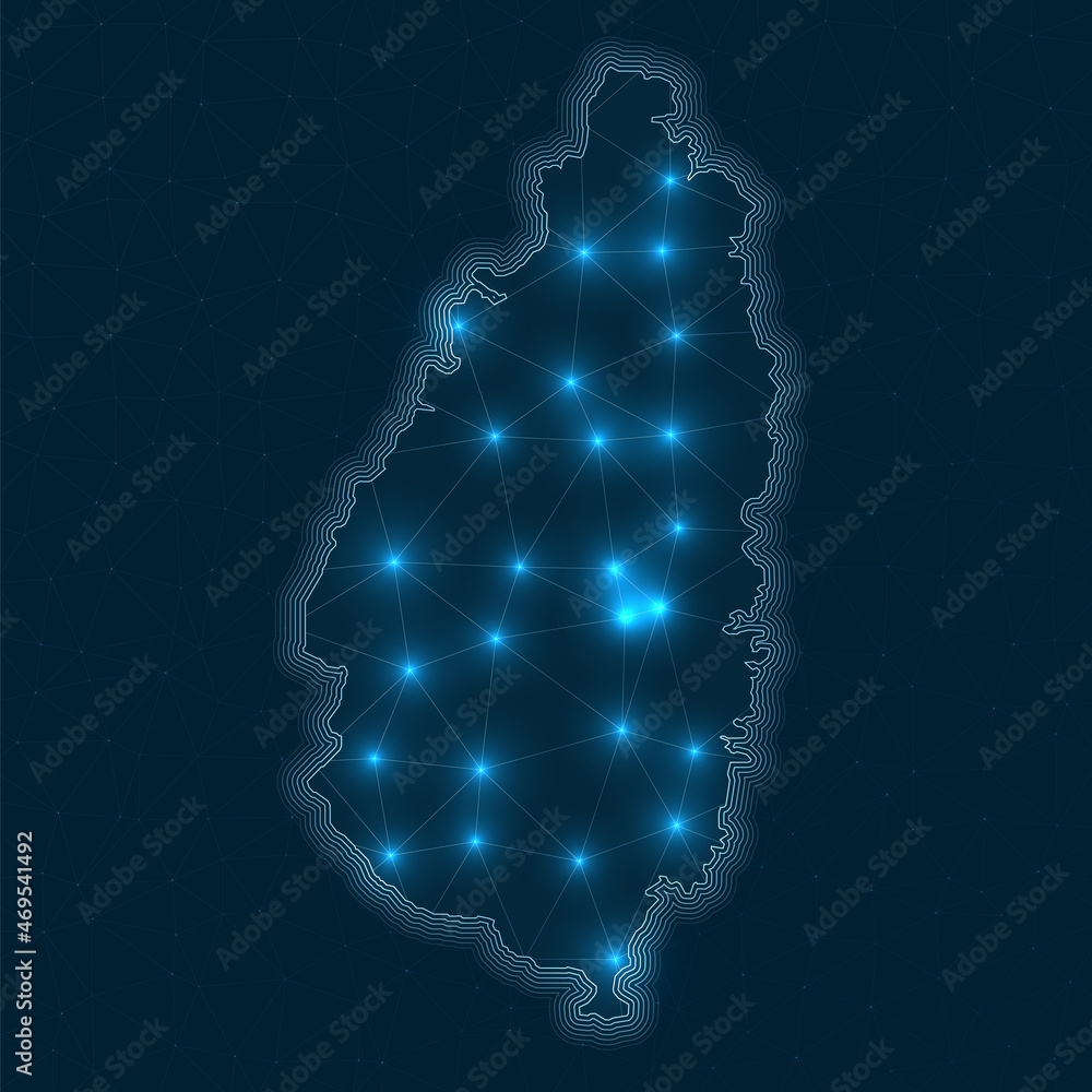Poster saint lucia network map. abstract geometric map of the island. digital connections and telecommunica