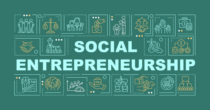 Social entrepreneurship features word concepts banner. Social business. Infographics with linear icons on green background. Isolated creative typography. Vector outline color illustration with text