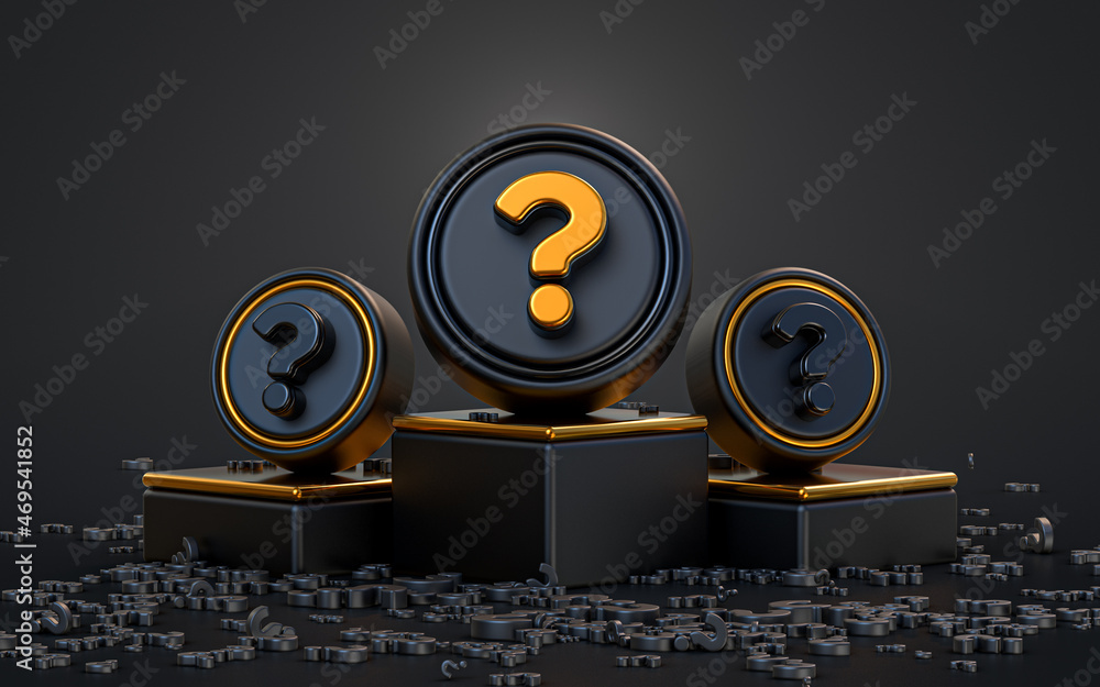 Poster question mark sign 3d rendering abstract look dark realistic iconic background with a podium stage