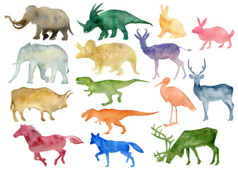 Colorful animals silhouettes. Watercolor illustration.
