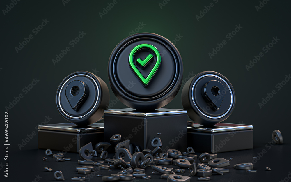 Aufkleber location checkmark 3d rendering abstract look dark realistic iconic background with a podium stage