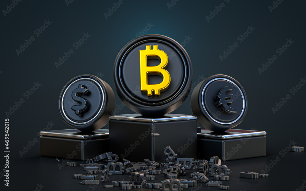 Poster future currency 3d rendering abstract look dark realistic iconic background with a podium stage