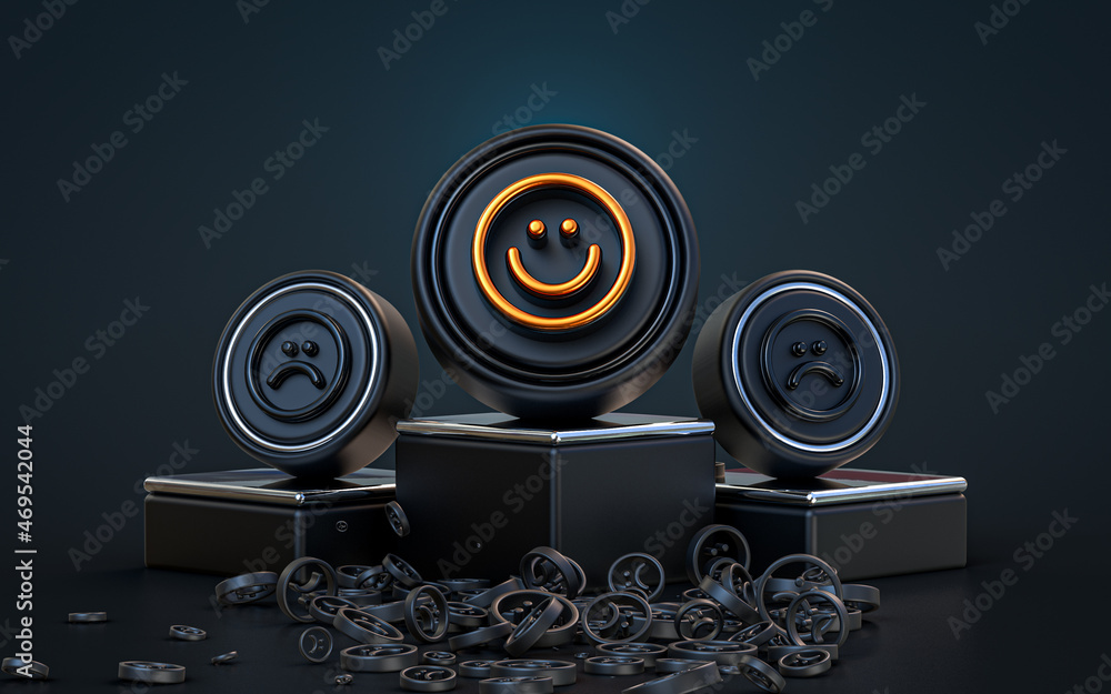 Wall mural sad and happy sign 3d rendering abstract look dark realistic iconic background with a podium stage