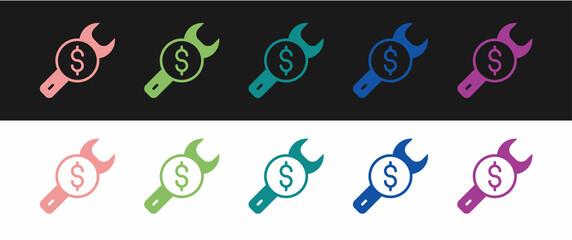 Set Repair price icon isolated on black and white background. Dollar and wrench. Vector