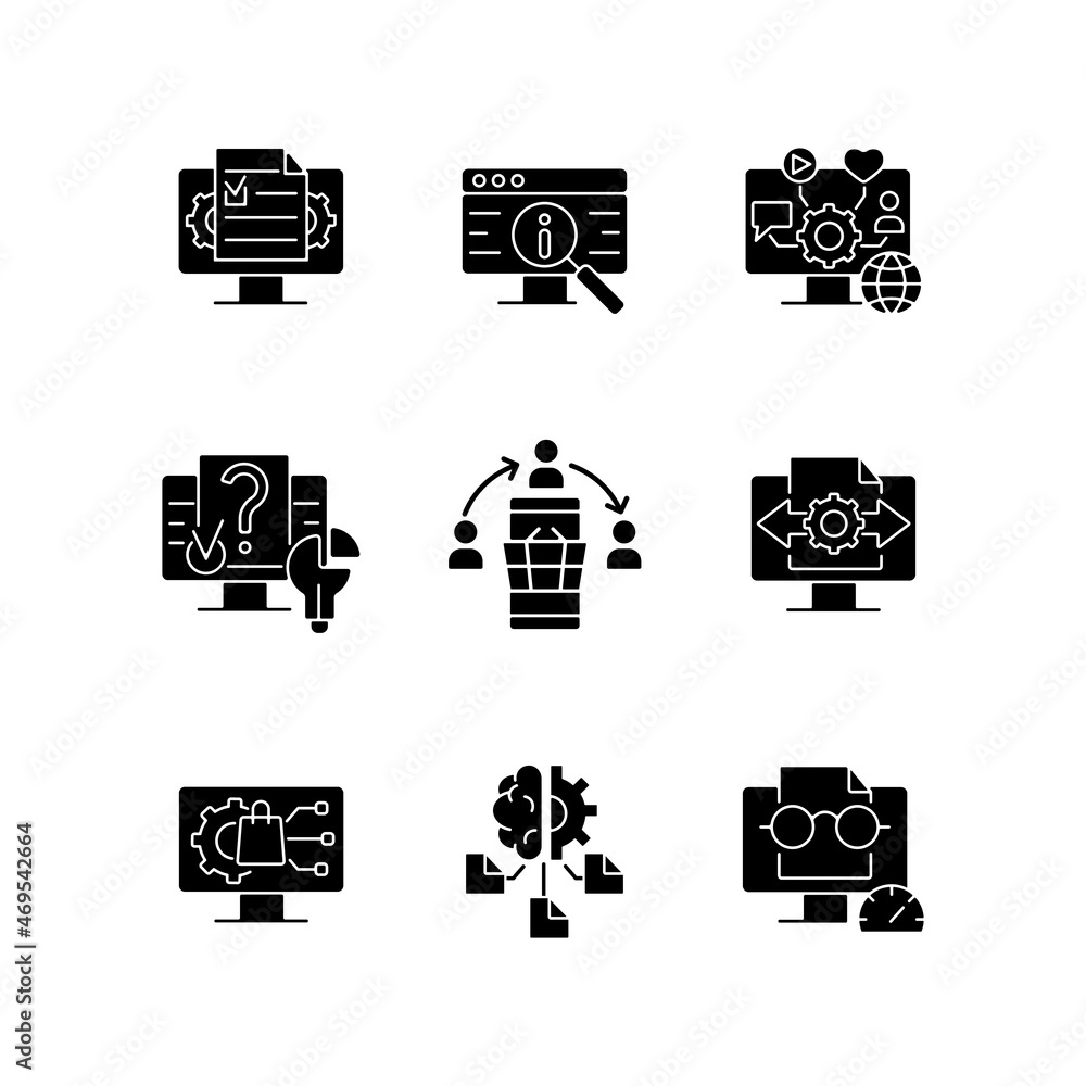 Poster digital literacy skills black glyph icons set on white space. manage digital content. social network