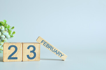 February 23, Calendar cover design with number cube with green fruit on blue background.