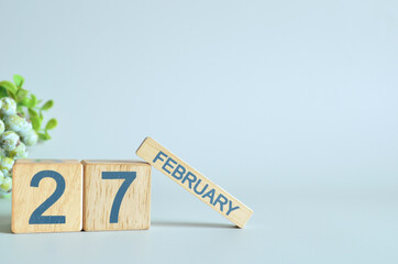 February 27, Calendar cover design with number cube with green fruit on blue background.