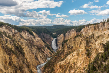 River flowing through the popular Grand Canyon of the Yellowstone, the Lower Falls in the background