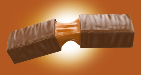Chocolate bar with caramel. 3d illustration. Isolated on white background. Clipping path