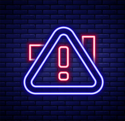 Glowing neon line Exclamation mark in triangle icon isolated on brick wall background. Hazard warning sign, careful, attention, danger warning important. Colorful outline concept. Vector