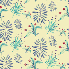 Seamless pattern with stylized leaves. Watercolor hand drawn illustration.