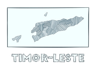 Grayscale hand drawn map of Timor-Leste. Filled regions with hachure stripes. Vector illustration.