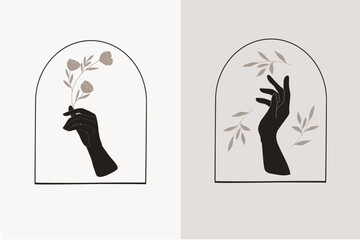 Delicate feminine hands and botanical elements logo, Bohemian feminine logo elements