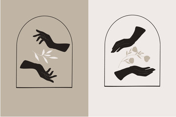 Delicate feminine hands and botanical elements logo, Bohemian feminine logo elements