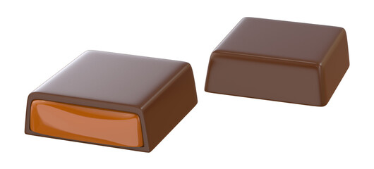 Chocolate pieces with Sweet Caramel, 3d illustration. Isolated on white background. Clipping path.