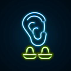 Glowing neon line Earplugs and ear icon isolated on black background. Ear plug sign. Noise symbol. Sleeping quality concept. Colorful outline concept. Vector