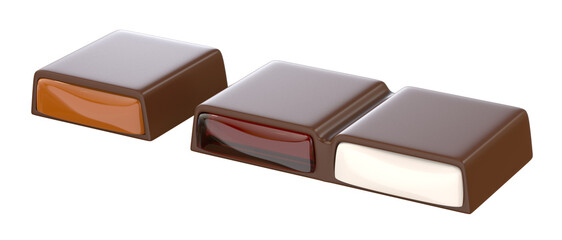 Chocolate pieces with Sweet Caramel, 3d illustration. Isolated on white background. Clipping path.
