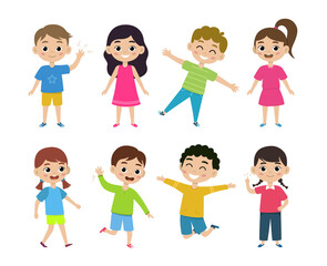 Diverse children set. Cute and funny kids isolated on white background. Collection of kids in different poses, clothes. Kids fun emotions and gestures. Vector illustration in flat style