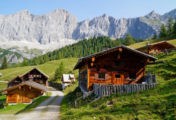 a pathway leading through the alpine scenery with log cabins in the Dachstein region in Austria (Neustatt Alm in Styria)	