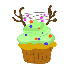 Christmas cupcake with buttercream and decorated with horns and garland, fabulous muffins, sweet food, vector icon for greeting cards and greetings.
