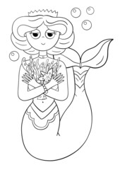 Mermaid coloring illustration. Line illustration of woman.