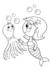 Mermaid coloring page. Hand drawn marine kids illustration.