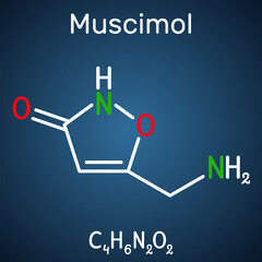 Muscimol, agarin, pantherine molecule. It is the main psychoactive component of the Amanita muscaria, red fly agaric and related species of mushrooms. Structural chemical formula on the dark blue back - obrazy, fototapety, plakaty