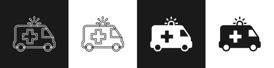 Obraz premium Set Ambulance and emergency car icon isolated on black and white background. Ambulance vehicle medical evacuation. Vector
