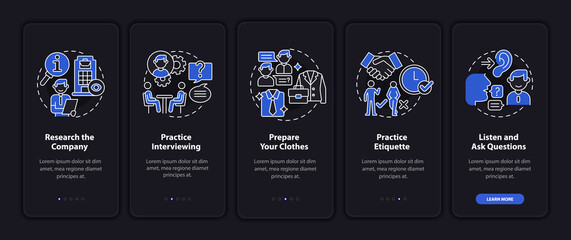 Preparing for job interview dark onboarding mobile app page screen. Practice walkthrough 5 steps graphic instructions with concepts. UI, UX, GUI vector template with linear night mode illustrations