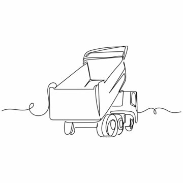 Vector continuous one single line drawing icon of dump truck in silhouette on white background. Linear stylized.