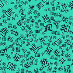 Fototapeta premium Black Calculator icon isolated seamless pattern on green background. Accounting symbol. Business calculations mathematics education and finance. Vector